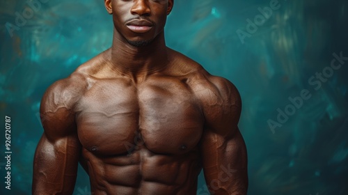 Muscular individual posing confidently against a textured blue background in a studio setting