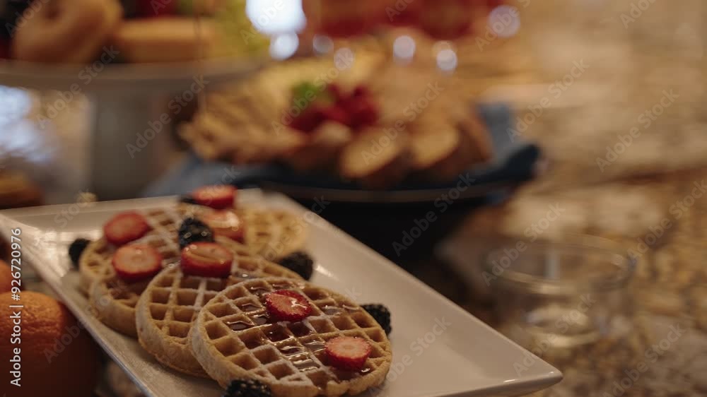 Breakfast waffles and fruit being spread with honey , table setting, 60fps 4K Breakfast waffles and fruit being spread with honey , table setting, 60fps 4K