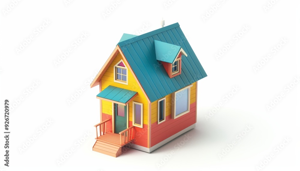 An isometric view of a 3D model a colorful tiny house, isolated against a white background An isometric view of a 3D model a colorful tiny house, isolated against a white background