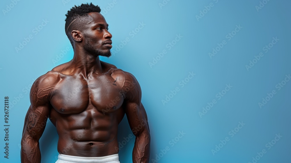 Muscular man posing against a blue wall showcasing fitness and strength