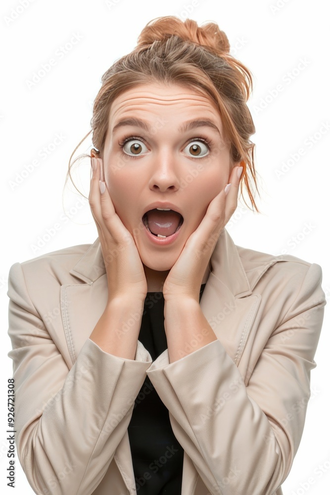 A surprised and happy businesswoman isolated on a white background, capturing her joyful A surprised and happy businesswoman isolated on a white background, capturing her joyful