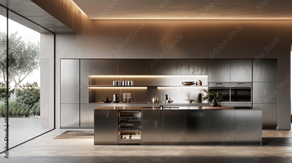 Minimalist kitchen with stainless steel appliances, smart dishwasher, hidden storage, smooth light gray walls. Minimalist kitchen with stainless steel appliances, smart dishwasher, hidden storage, smooth light gray walls.