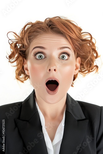 A surprised and happy businesswoman isolated on a white background, capturing her joyful