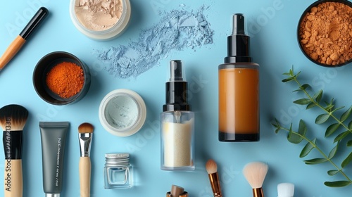 Flat lay of makeup and skincare products on a blue background, including bottles, brushes, and various items. photo