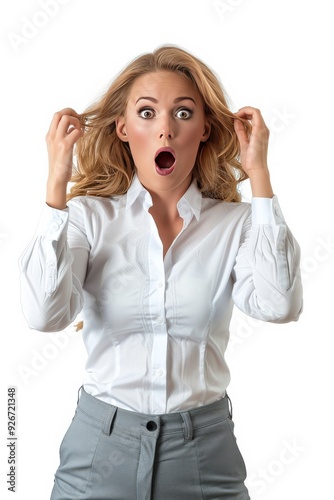 A surprised and happy businesswoman isolated on a white background, capturing her joyful