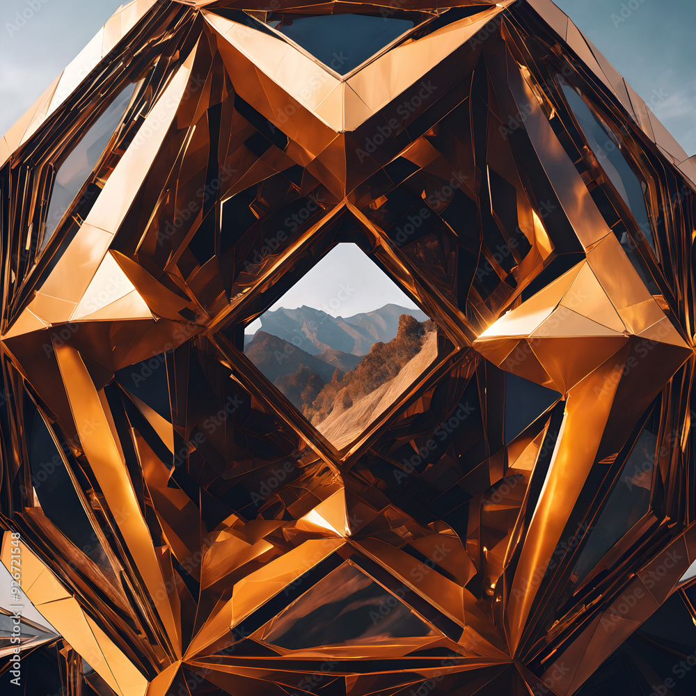 Fototapeta premium Futuristic Copper Geometric Structure with Mountain View
