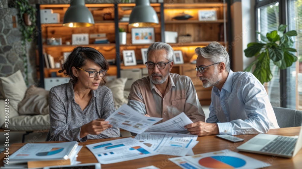 The image shows three people, two men and one woman, sitting around a table and looking at a spreadsheet.