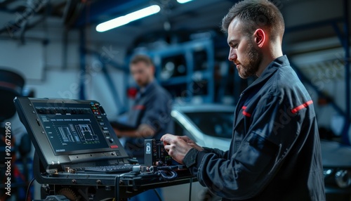 Automotive technician using a diagnostic scanner in the workshop for car maintenance and repair