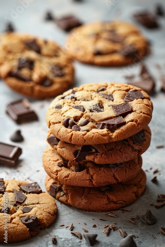 Beautiful cookies stacked with chocolate a light background, highlighting their delicious texture