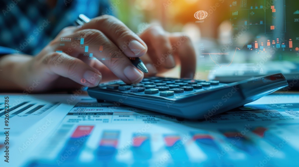 Close-up of businessperson's hands calculating expenses on calculator, overlaid with expense reports and budget charts. Close-up of businessperson's hands calculating expenses on calculator, overlaid with expense reports and budget charts.