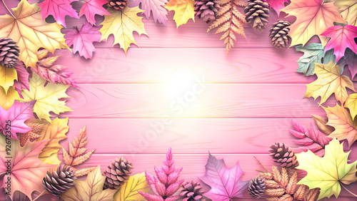 Wallpaper Mural Autumn leaves and pine cones on pastel pink wooden background with copy space Torontodigital.ca