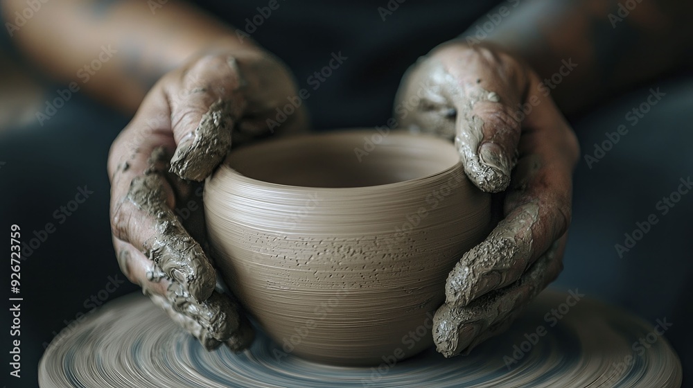 An artist molds designs on a wheel, highlighting the significance of skillful craftsmanship and the elegance of earthy pottery in the realm of artistic creativity. An artist molds designs on a wheel, highlighting the significance of skillful craftsmanship and the elegance of earthy pottery in the realm of artistic creativity.