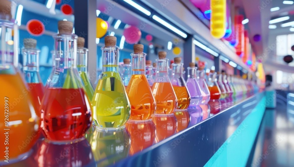 Colorful Flasks on a Futuristic Countertop Colorful Flasks on a Futuristic Countertop