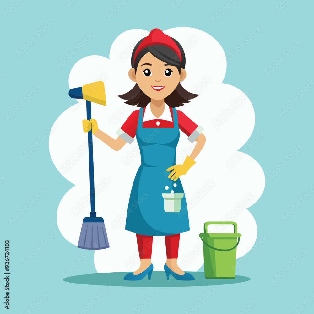 Cleaning service cartoon character with cleaning elements vector illustration Cleaning service cartoon character with cleaning elements vector illustration