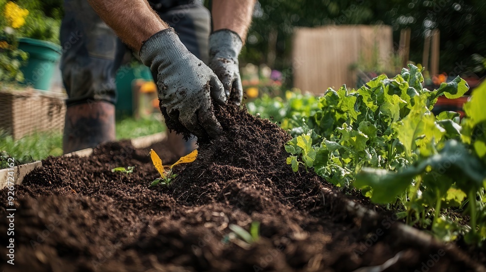 Soil amendments being added to a garden plot, organic matter