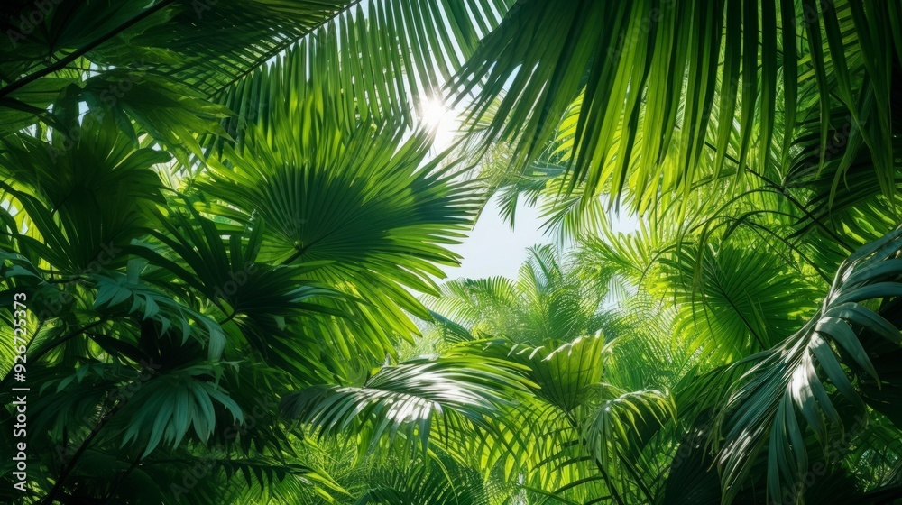 Fototapeta premium Sunlight shining through a canopy of lush green palm leaves.