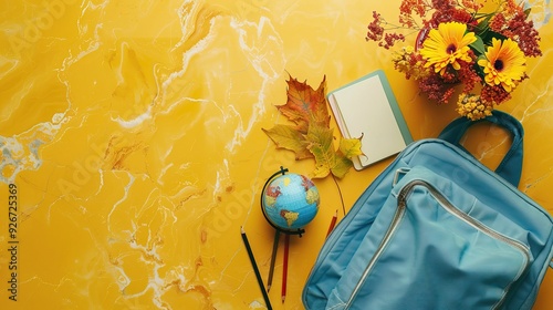 Back to school concept banner. Background the beginning of a new semester. Design of various colorful stationery and bouquet of flowers with space for text or promotional content. Education concept.