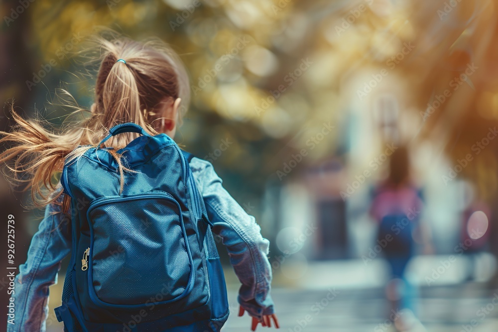 Back view of school girl with backpack walking to school building Back view of school girl with backpack walking to school building