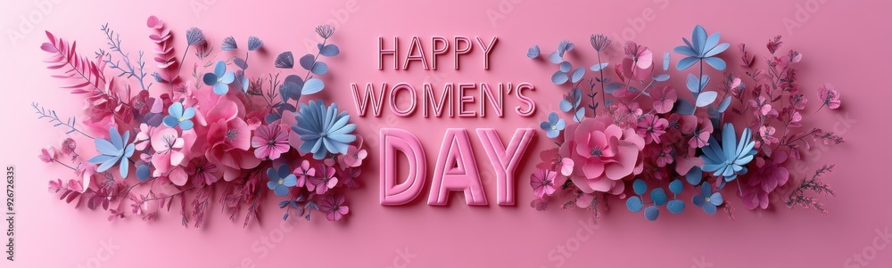 Pink wall with paper flowers and a happy women's day sign Pink wall with paper flowers and a happy women's day sign