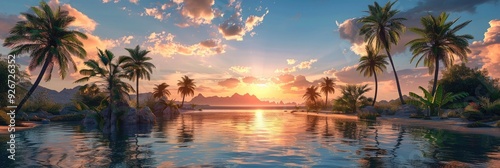 Stunning tropical beach sunset with palm trees, serene water, and vibrant sky colors. Perfect for vacation and nature-themed photography.