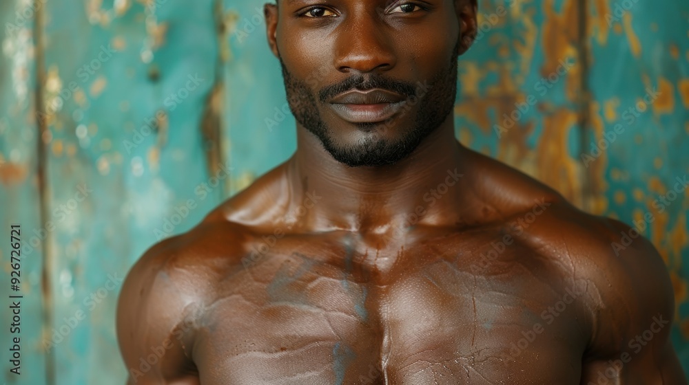 A muscular man poses confidently against a rustic turquoise wall in a well-lit indoor space A muscular man poses confidently against a rustic turquoise wall in a well-lit indoor space