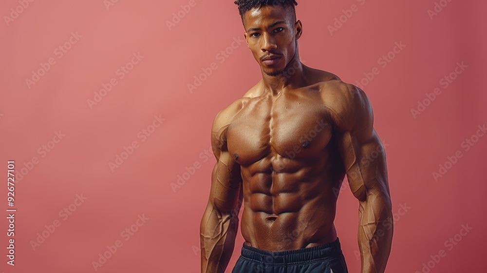Male fitness model poses against a pink backdrop showcasing muscular physique during a studio photoshoot Male fitness model poses against a pink backdrop showcasing muscular physique during a studio photoshoot