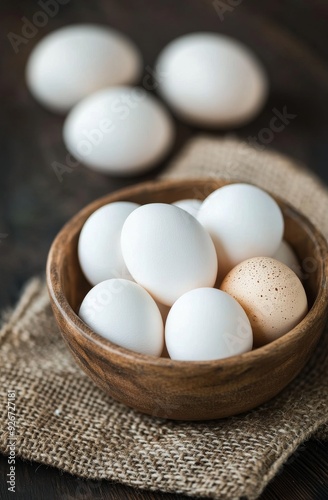 A rustic bowl filled with white and brown eggs on a textured burlap surface