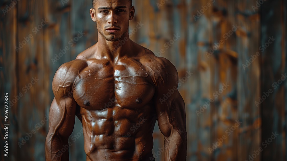 Bodybuilder posing in a gym with wooden backdrop during a bodybuilding competition Bodybuilder posing in a gym with wooden backdrop during a bodybuilding competition