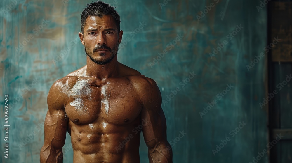 Muscular man posing in a dimly lit studio with textured background during a fitness photoshoot Muscular man posing in a dimly lit studio with textured background during a fitness photoshoot