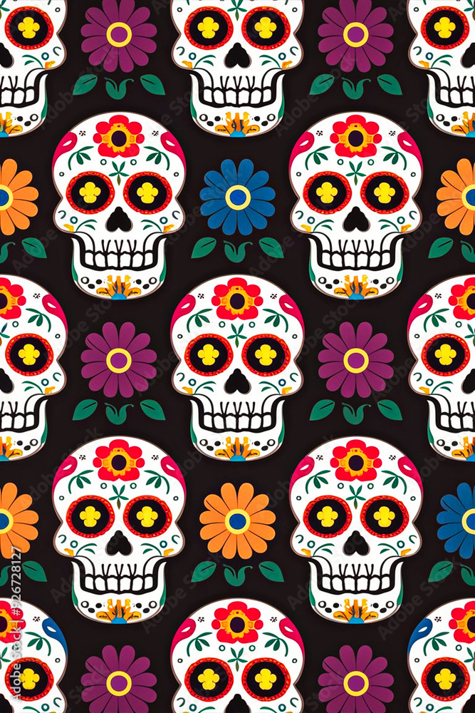 Bright pattern of multicolored sugar skulls and flowers. Mexican holiday Day of the Dead Bright pattern of multicolored sugar skulls and flowers. Mexican holiday Day of the Dead