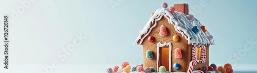 Festive gingerbread house with colorful candies and icing on a light background, perfect for holiday or Christmas decorations and celebrations. photo