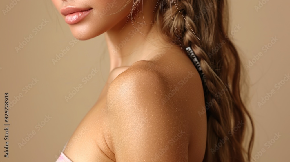 Young woman with long, braided hair poses against a soft beige background in natural light Young woman with long, braided hair poses against a soft beige background in natural light