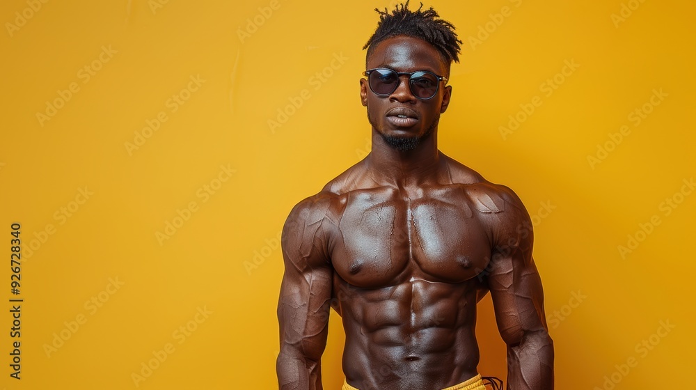 Bodybuilder posing confidently in front of a vibrant yellow wall on a sunny day Bodybuilder posing confidently in front of a vibrant yellow wall on a sunny day