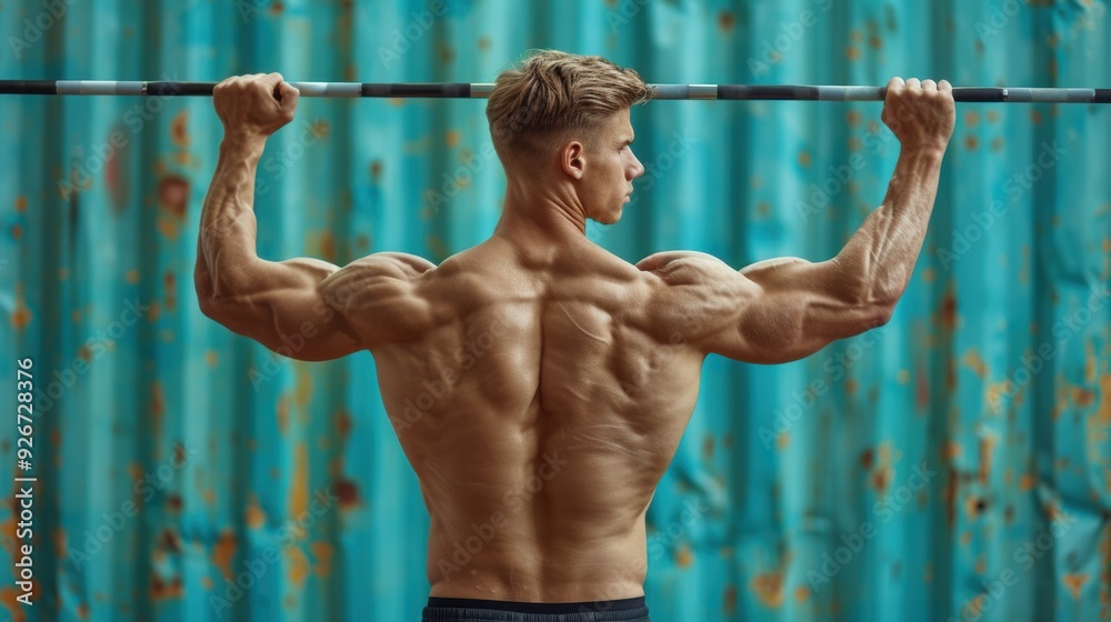 Athlete performing a back exercise with a barbell against a textured blue wall outdoors in bright lighting Athlete performing a back exercise with a barbell against a textured blue wall outdoors in bright lighting