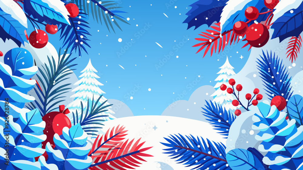 Winter scene with snow-covered pine trees, red berries, and blue foliage on blue backdrop with copy space Winter scene with snow-covered pine trees, red berries, and blue foliage on blue backdrop with copy space