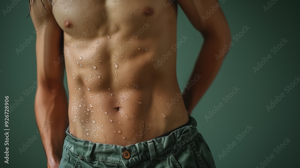 A man with a toned abdominal physique stands with water droplets on his skin against a plain background A man with a toned abdominal physique stands with water droplets on his skin against a plain background