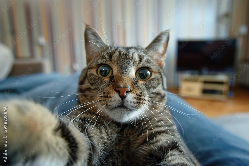Cute grey cat making selfie photo at home Cute grey cat making selfie photo at home