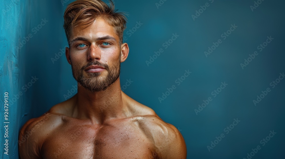 Young man with blue eyes and a beard poses against a blue wall, highlighting his muscular physique and confident expression Young man with blue eyes and a beard poses against a blue wall, highlighting his muscular physique and confident expression