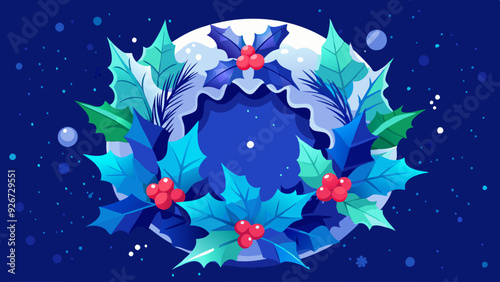 Christmas wreath with holly leaves and berries on blue night background with copy space