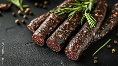 African Burevors sausages raw , rosmary, black charcoal background