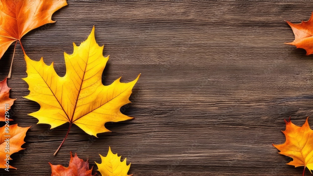 Autumn leaves on wooden background with copy space, view from above. Autumn leaves on wooden background with copy space, view from above.