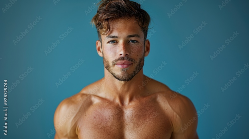 Fototapeta premium Young man with muscular build poses against a blue background in a studio setting during daylight