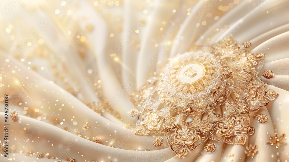 Delicate golden patterns adorn a luxurious cream fabric, reflecting light elegantly during a festive celebration