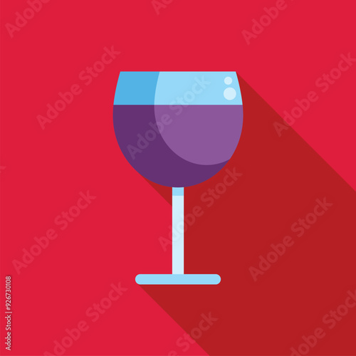 Wine glass icon with a long shadow, filled with a purple beverage, sits on a red background