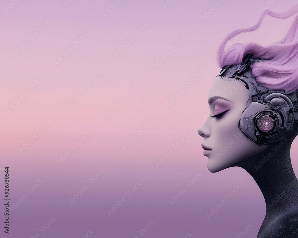 Serene Android Woman with Flowing Hair and Headphones Serene Android Woman with Flowing Hair and Headphones