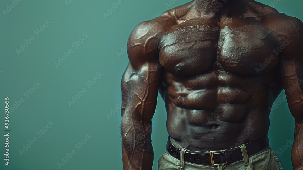 Obraz premium A muscular man poses against a teal background showcasing impressive physique in a fitness studio