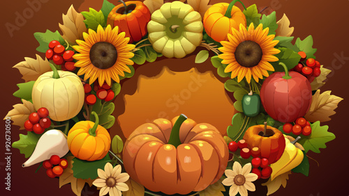 Thanksgiving harvest wreath with pumpkins, sunflowers, and gourds on warm background with copy space
