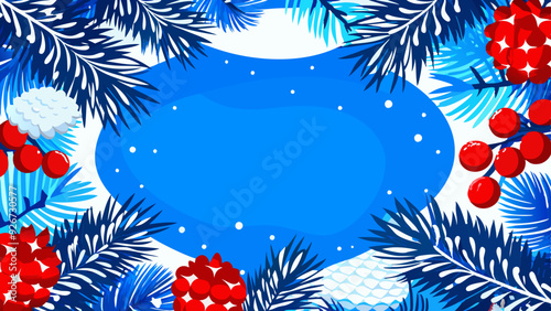 Winter holiday background with snowy pine branches, red berries, and snowflakes in vibrant blue tones with copy space