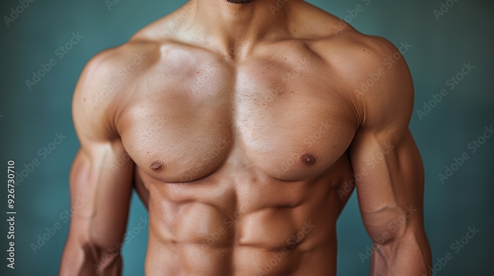 Muscular man posing confidently, showcasing defined chest and abs in a studio setting Muscular man posing confidently, showcasing defined chest and abs in a studio setting