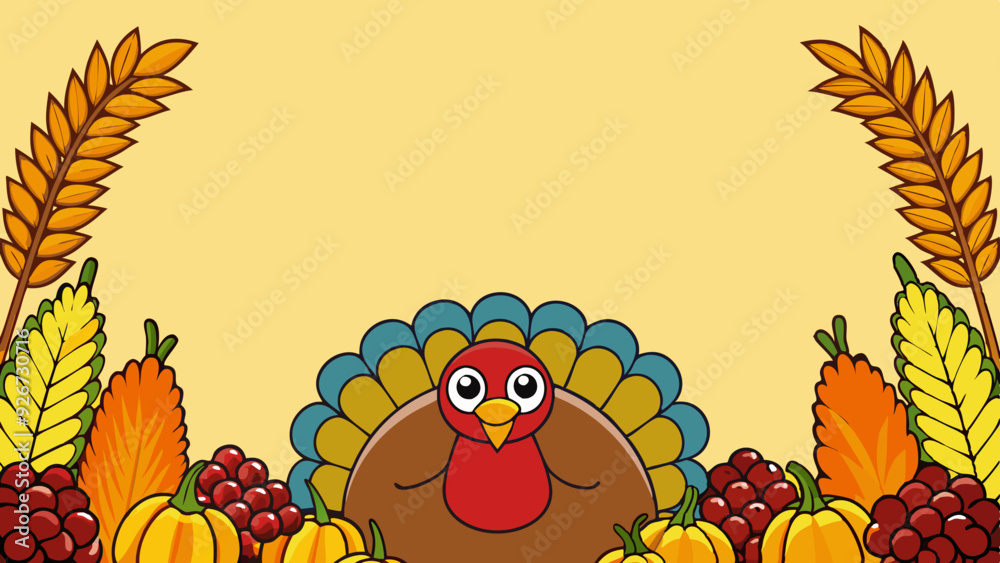 Thanksgiving background with cartoon turkey, pumpkins, and autumn leaves on yellow background with copy space Thanksgiving background with cartoon turkey, pumpkins, and autumn leaves on yellow background with copy space